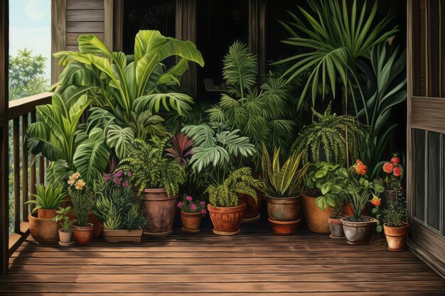 Tropical plants in pots on the balcony 3d rendering