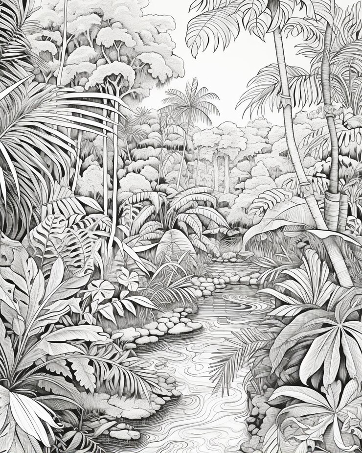 Photo tropical plants and trees area drawing
