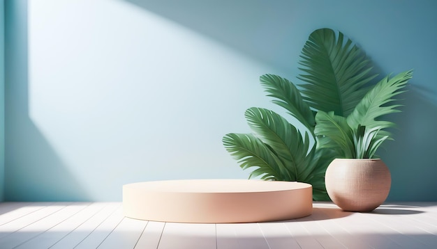 Tropical podium for presenting 3d rendered products with modern tonal sunlight