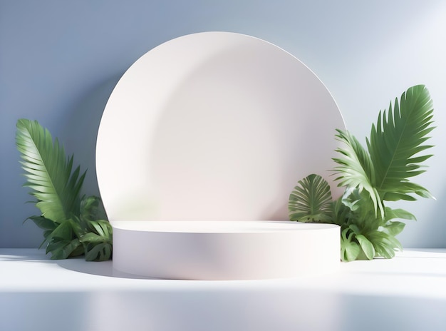 Тропический подиум для презентации 3D-рендеринговых продуктов с современным тональным солнечным светом