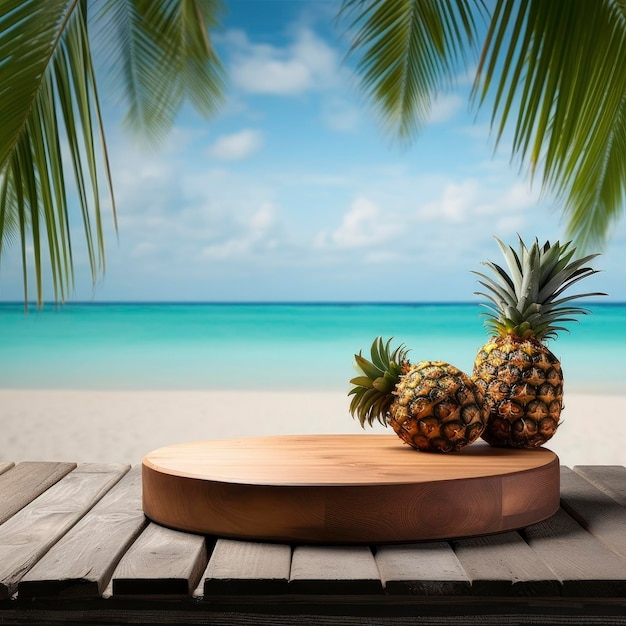 Tropical podium with pineapple Natural pedestal Copy space tropical background