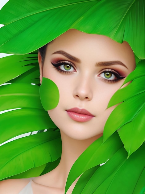 Tropical portrait beautiful woman in leaves palm tree bright green makeup ai generated