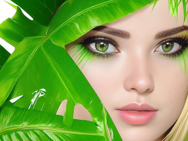 Tropical portrait beautiful woman in leaves palm tree bright green makeup ai generated