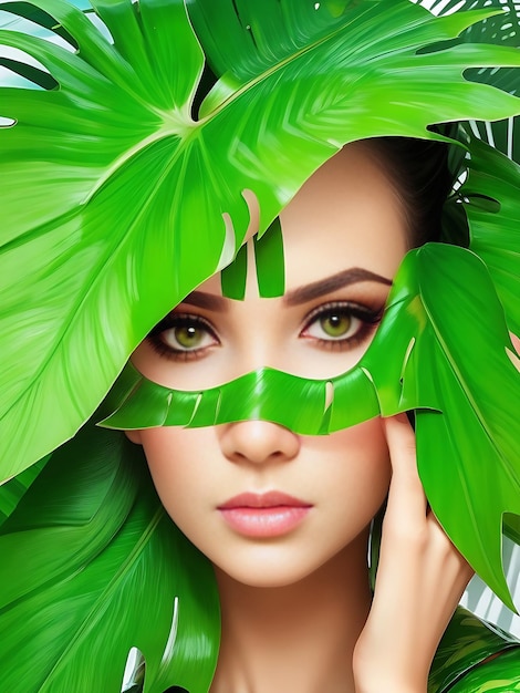Tropical portrait beautiful woman in leaves palm tree bright green makeup ai generated