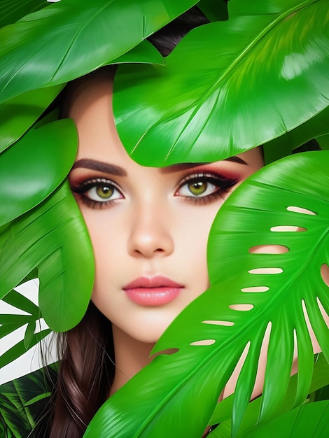 Tropical portrait beautiful woman in leaves palm tree bright green makeup ai generated