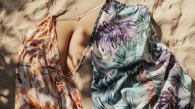 Photo tropical print beachwear on sandy beach