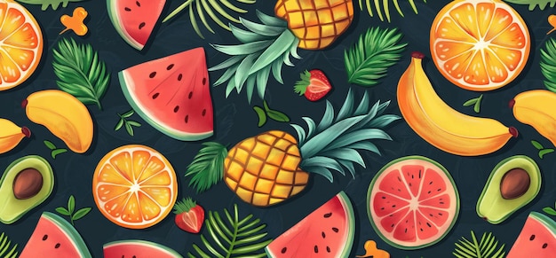 a tropical print of a watermelon with pineapples and oranges