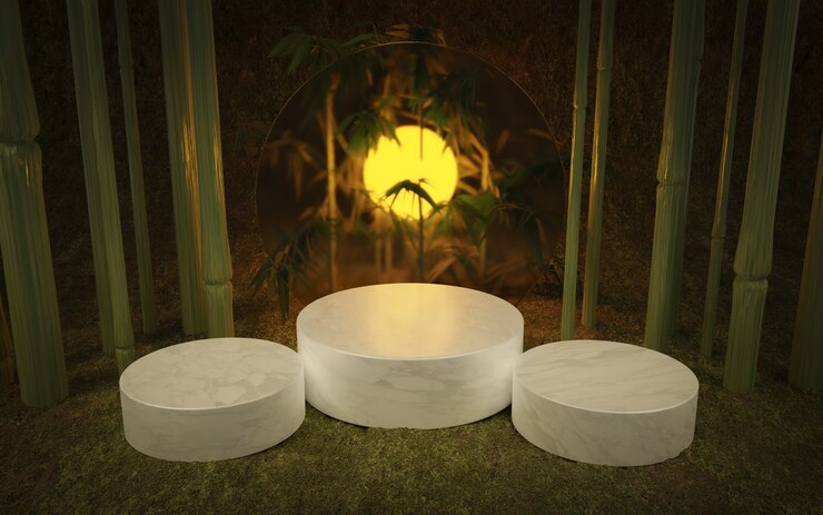 Photo tropical product stand with 3 cylindrical bases of marble, bamboo and a diffused glass circle with back lighting. 3d render