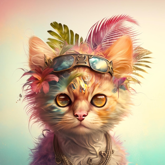 Tropical punk Kitten colorful portrait generative AI