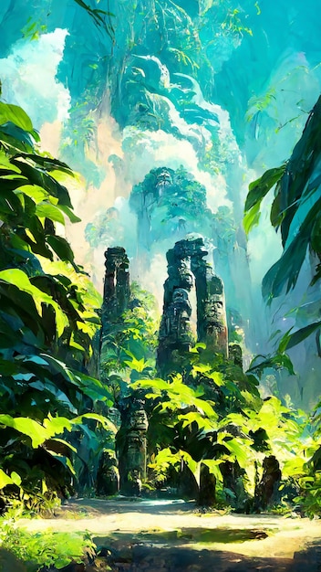 熱帯雨林の森 マヤの古代文化 3D イラスト
