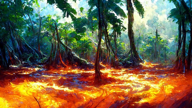 Tropical rain forest landscape flaming tropical forest 3d\
illustration