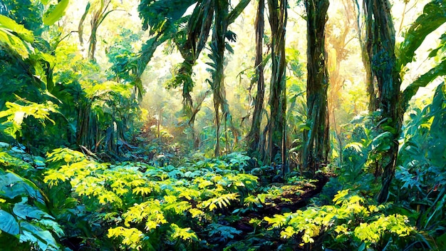 Tropical rain forest landscape tropical forest 3d\
illustration