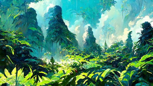 Tropical rain forest landscape tropical forest 3d\
illustration