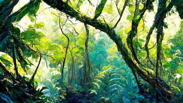 Tropical rain forest landscape tropical forest forest 3d\
illustration