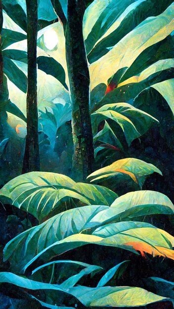 Tropical Rain forest Landscape Tropical forest in the night 3D illustration