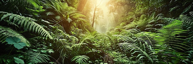 A tropical rain forest with ferns and sunlight