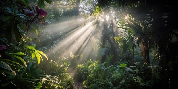 Тропические дождевые джунгли глубокий лес с лучевым светом светит Природа приключений на открытом воздухе