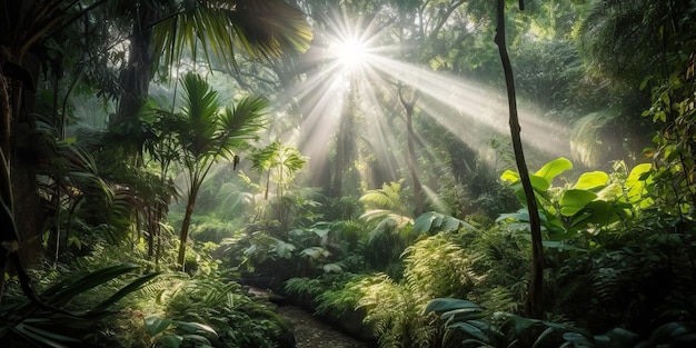 열대 우림 깊은 숲과 비브 레이 빛 빛나는 자연 야외 모험 분위기