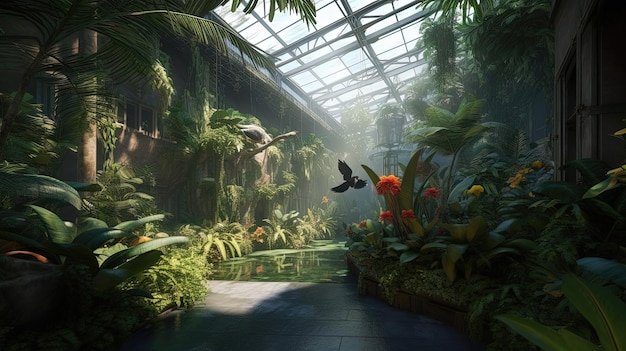 The tropical rainforest aviary design offers a perfect sanctuary for exotic birds to thrive in a naturalistic environment complete with a variety of tropical flora Generated by AI