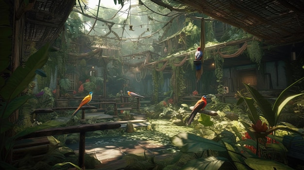 The tropical rainforest aviary with exotic birds is a wonderland of color and sound Generated by AI