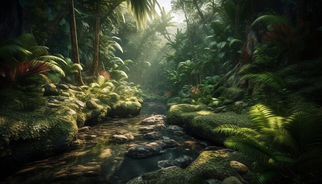 Tropical rainforest beauty in nature green fern wet leaf tranquil scene generated by artificial intelligence