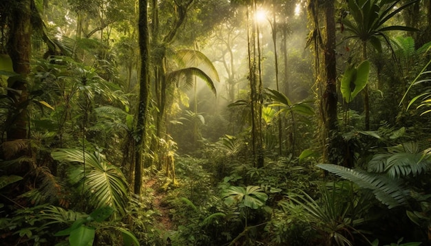 Tropical rainforest ferns grow in lush greenery generated by AI