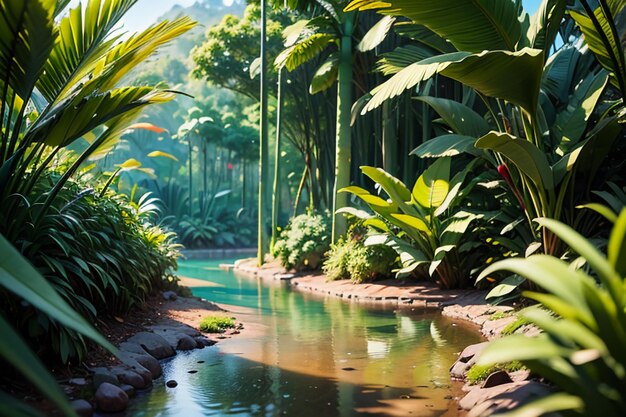 Photo tropical rainforest forest shrubs jungle path wallpaper background illustration primitive forest