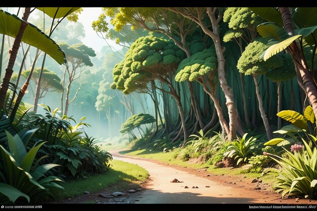 Photo tropical rainforest forest shrubs jungle path wallpaper background illustration primitive forest