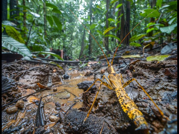 이국적 인 식물 과 미스터리 한 곤충 이 있는 열대 열대 우림 풍경