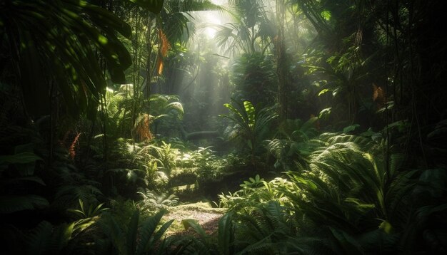 A tropical rainforest landscape with green trees and underwater beauty generated by artificial intelligence