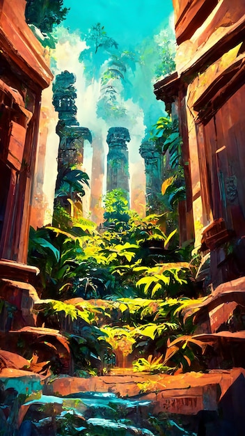 Tropical Rainforest Mayan style ancient greek temple 3D illustration
