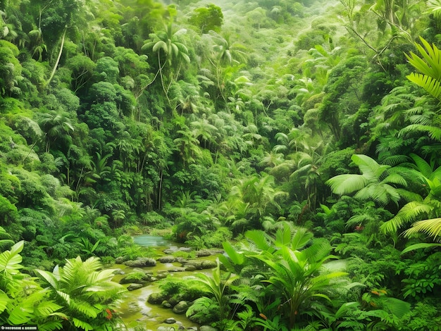 Тропический лес, изобилующий разнообразной дикой природой и яркой листвой, созданный искусственным интеллектом.