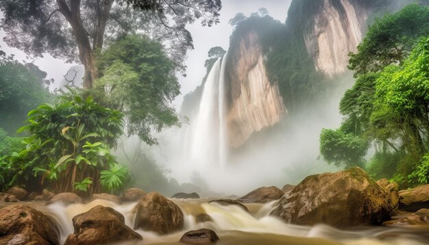 Foto cascata della foresta pluviale tropicale che scende a cascata lungo una maestosa scogliera in una scena tranquilla generata dall'intelligenza artificiale