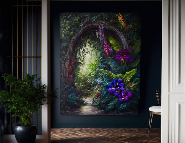 Tropical rainforest with peacock with leaves flowers