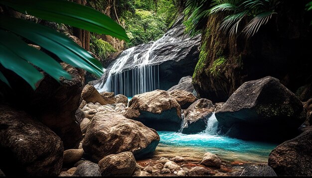 Photo tropical rainforest with river and rock in the jungle