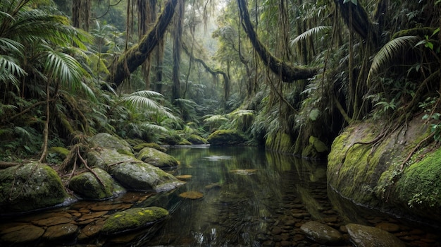 Тропический тропический лес с небольшим ручьем и моховыми валунами