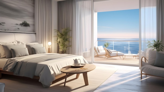 사진 밝은 색상으로 열대 리조트 침실 인테리어 파노라마 창문과 바다 전망 럭셔리 휴식