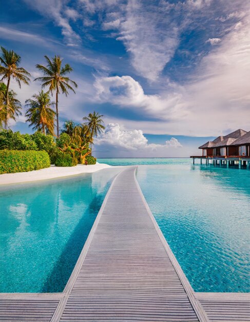 Foto piscina infinita di un resort tropicale con bungalow sopra l'acqua