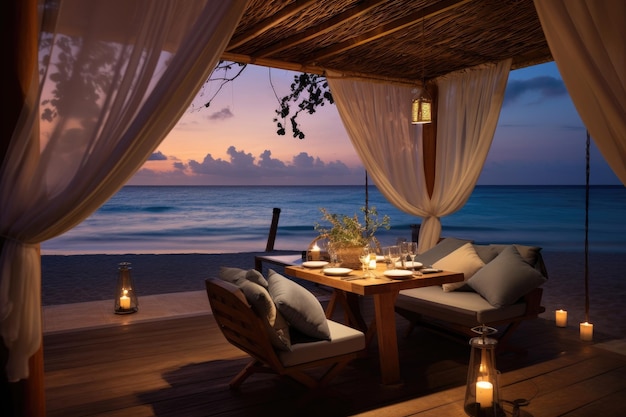 Tropical restaurant on the beach at sunset Luxury vacation Luxury dinner beach view AI Generated