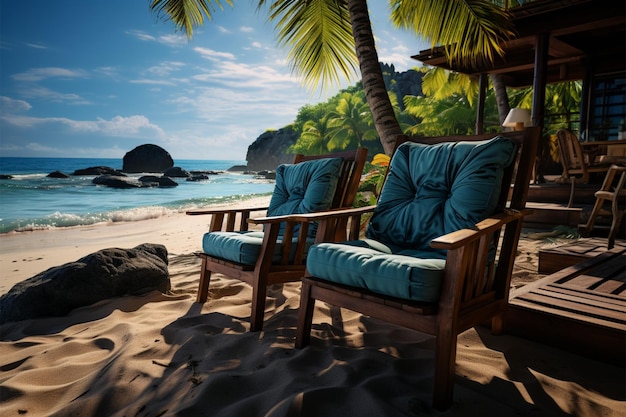 Тропическое убежище Пляж, украшенный пальмами, приглашает отдохнуть у океана