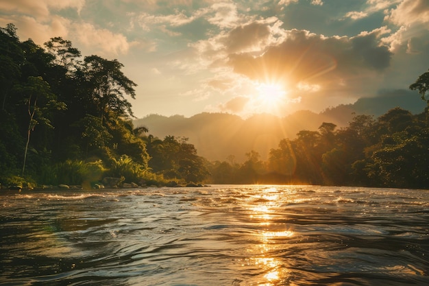 Tropical river flow through the jungle forest at sunrise