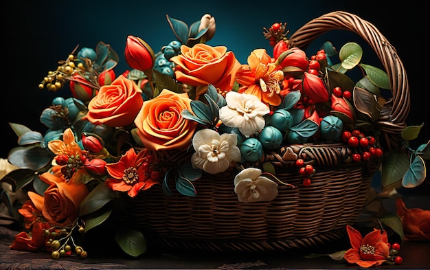 a tropical rose and other flowers in a basket
