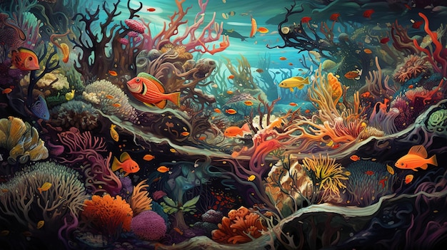 Tropical scene of the underwater world Illustration with underwater scene of fish and corals