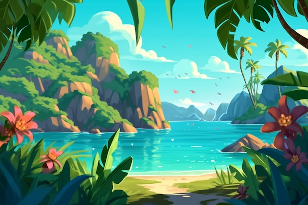 A tropical scene with a beach and mountains in the background.