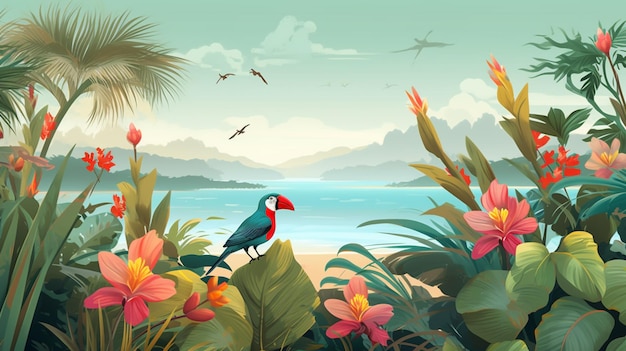 A tropical scene with a bird on a branch and flowers.