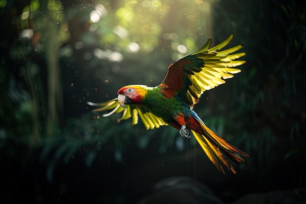 Tropical scene with a majestic parrot soaring Tropical wildlife