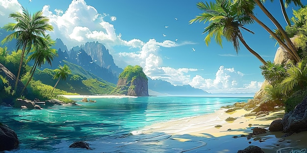 a tropical scene with a palm tree and a beach