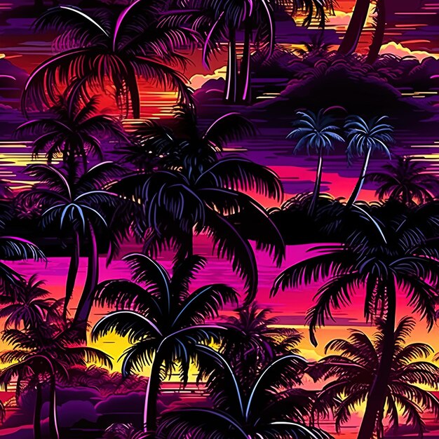 a tropical scene with palm trees and a sunset