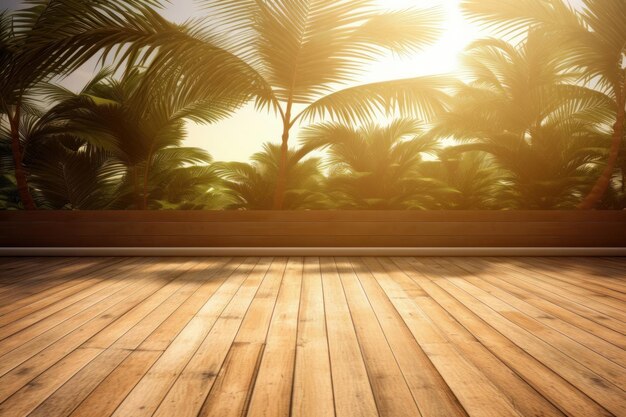 Tropical scene with palm trees and a wooden floor Generative AI