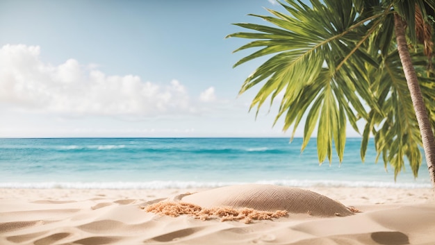 Tropical sea beach mockup template and palm leaf on seaside background for protection Summer Hawaii island beach sand and ocean waves of exotic paradise